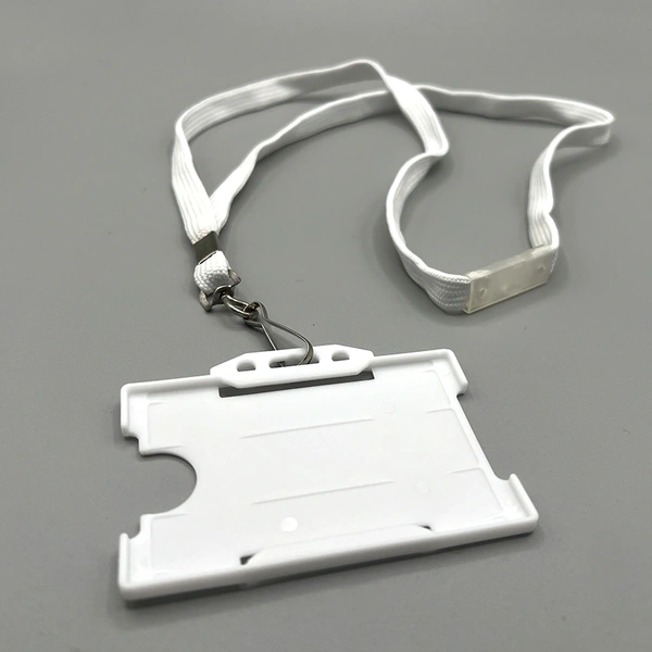 Premium white plastic ID card holder supplied with a matching white lanyard, offering a clean and professional appearance.