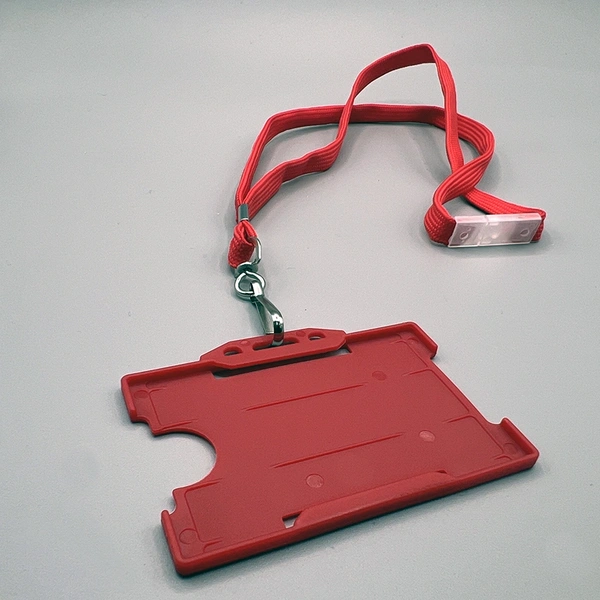 Premium red plastic ID card holder supplied with a matching red lanyard, ideal for identification, access control, and event use.