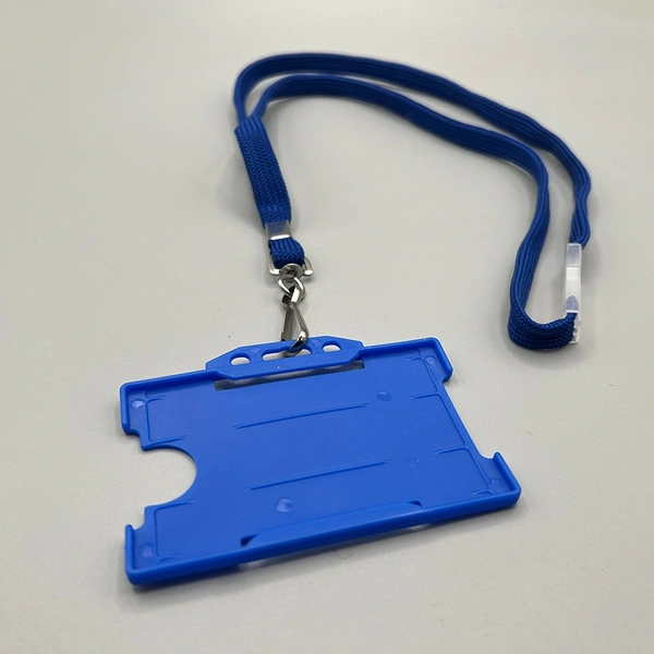 Premium blue plastic ID card holder supplied with a matching blue lanyard, suitable for everyday professional and organisational use.