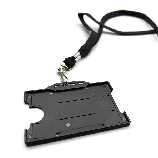 Premium black plastic ID card holder supplied with a matching black lanyard, suitable for staff ID cards, events, and visitor passes.