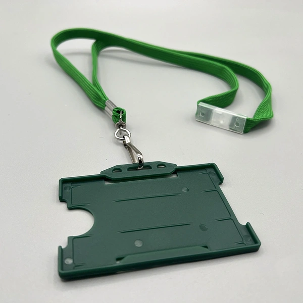 Premium green plastic ID card holder supplied with a matching green lanyard, ideal for staff identification and event access.